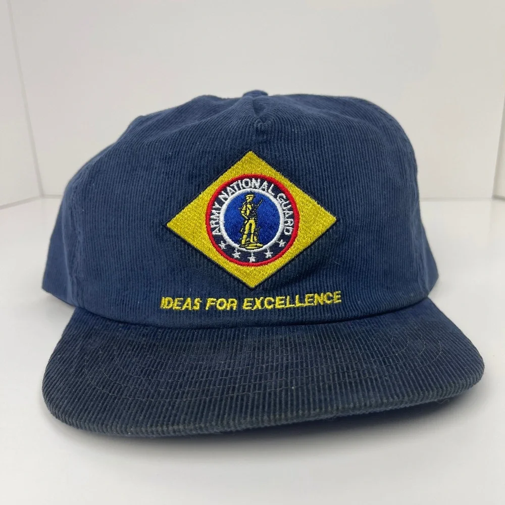 Vintage Army National Guard Corduroy Hat Made in USA Trucker Snapback Navy Blue